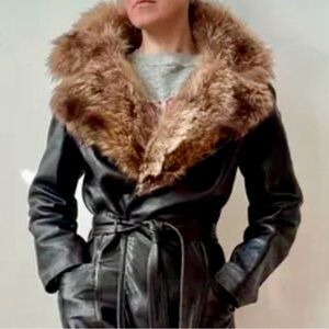 Faux Fur Collar Black Leather Coat